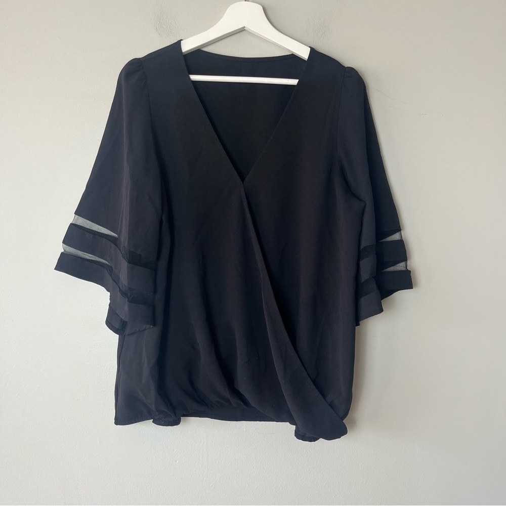 Unbranded Black V-Neck Top with Mesh Detailed Bell Sleeves Medium